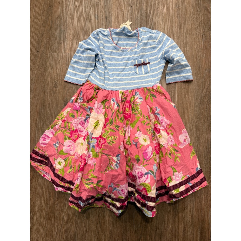 Matilda Jane Girls Size 6 Mixed Media Striped Floral Long Sleeve Dress Pockets